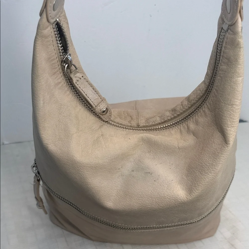 HOBO Taupe Pebble Leather Slouch Shoulder Bag Front Zip Pocket